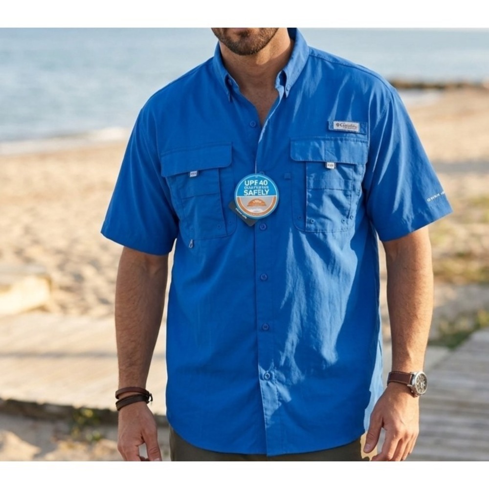 Columbia PFG Omni Shade Mens M Blue Fishing Shirt Vented Button Down UPF 40